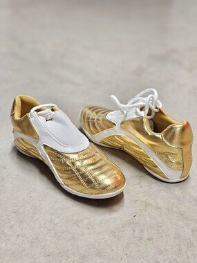 Gold & White Athletic Sneakers With Quilted Design & Lace-Up Closure